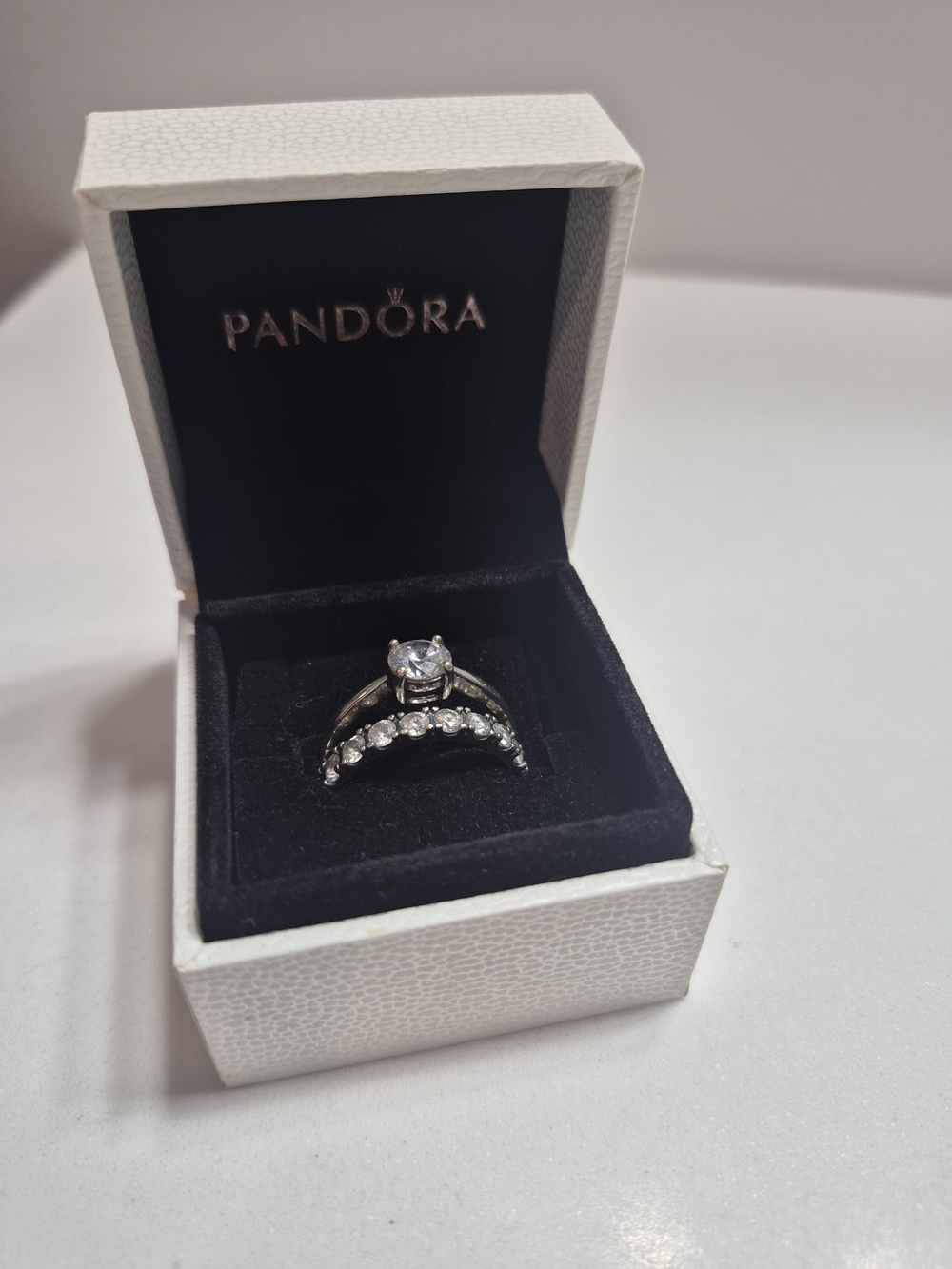 Pandora Classic Sterling Silver Solitaire With Sparkling Eternity Band Ring Set